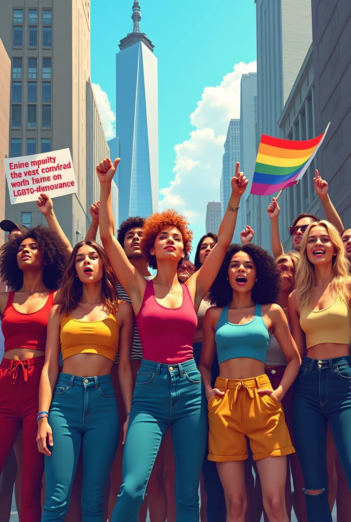 group of energetic LGBTQ diverse men and women protesting with blank banners in a black and white sketch style with a colourful abstract image eminating from the bottom of the picture a group of people holding signs and standing in front of a building, group photo, official artwork, promo image, promotional poster, screen capture, full image, illuminating the area, popart, Art Deco, Conceptual art