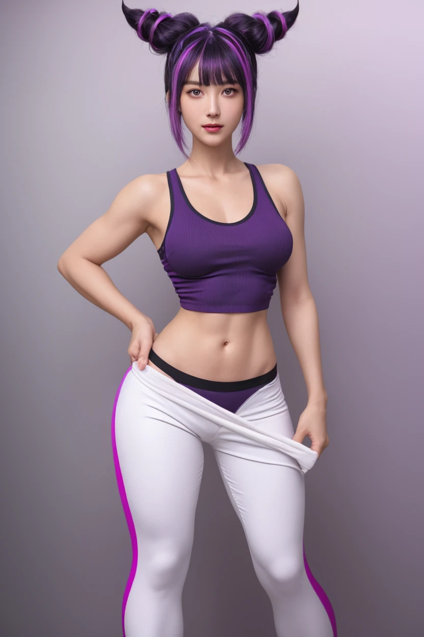 shapely woman in a purple blouse and blue shorts standing, back view, full body centered, rear photo, back view, side pose, looking to the side!, back photo, side view, arched back, back pose, posed profile, rear view, 3/4 side view, right side profile. She is wearing a vibrant purple sports tank top and heather shorts (((blue-gray-green-black))), suggesting an active lifestyle or athletic attire for working out. Sharp photo, high quality, high resolution (ultra quality masterpiece), Ultra HD, high contrast, 16K. Masterpiece: 1.3, high resolution, (photographically realistic), NUDE, NUDITY, NFSW.