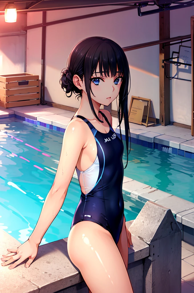 (Best Quality,4K,8k,High resolution,masterpiece:1.2)、 (((1 girl)))、Indoor Pool、Navy blue school swimsuit、、Slim body、Anatomically correct、Correct limbs、Black Hair