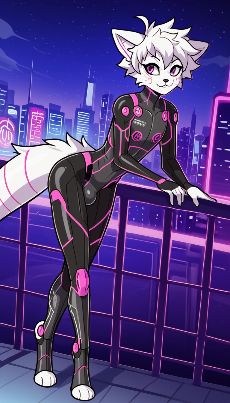 1boy, femboy, fit body, (19 years), anthro, digitigrade legs, thighs, Beecat, white body, short hair, messy hair, (wearing a tron like suit, armor, purple neon) , anime, leaning forward against a railing, crossed legs, cyber aesthetic, cyber futuristic city background, night time, ((bulge)), dynamic angle，robot