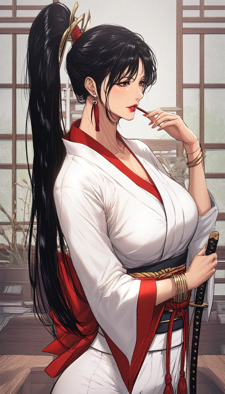 Hot beautiful sexy milf samurai,   red lipstick, long tassel Earrings, medium saggy breasts , black hair , ponytail hair,bracelet ,detailed, detailed brown eyes, curvy body  ,manhwa style,body moving motion ,detailed eyes,manhwa page,manhwa art style , office , Katana , Japanese samurai uniform,sword over waist