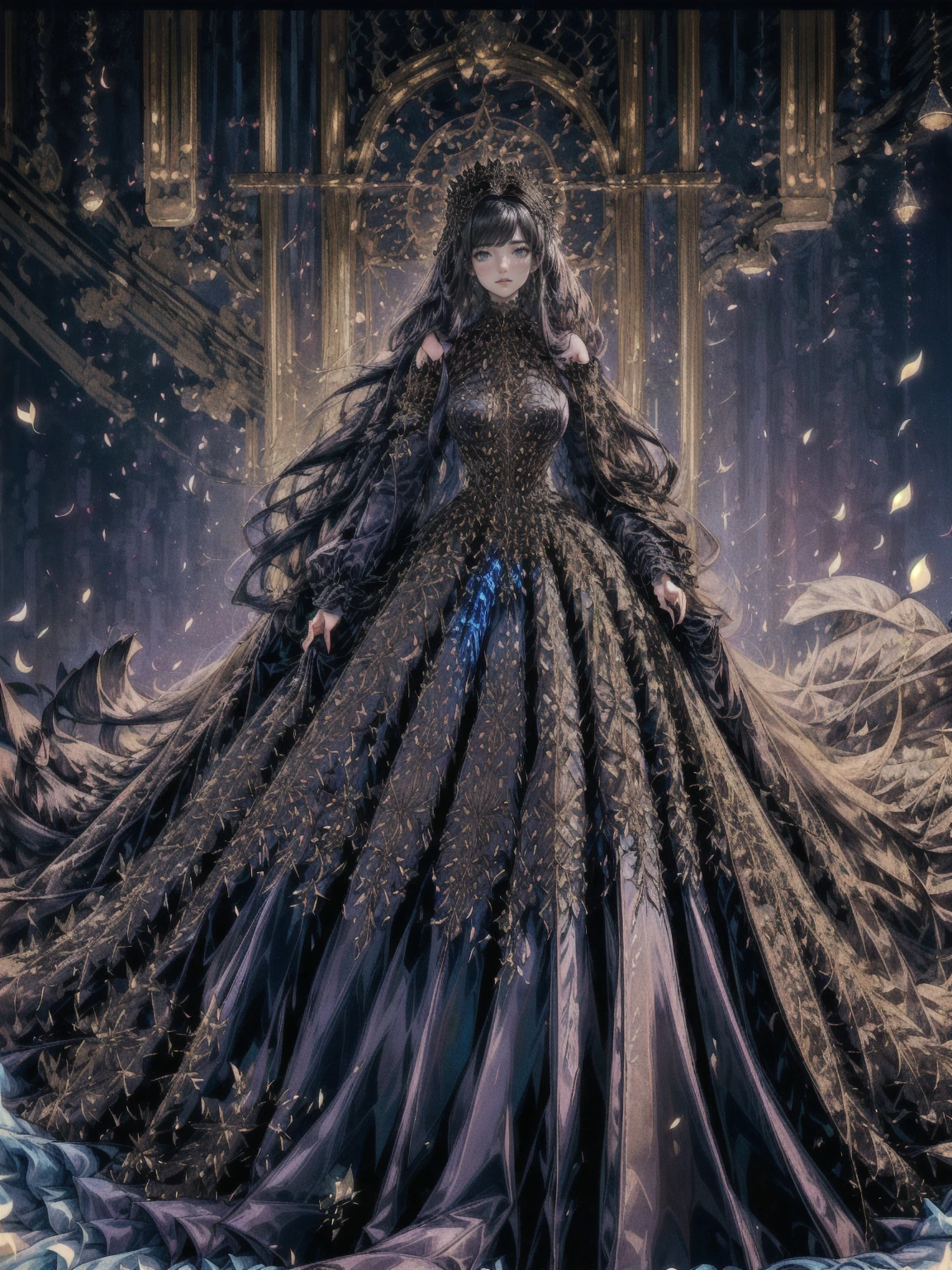 (Lira stands in the center of a moonlit garden, her presence captivating in a luxurious black Victorian gown. The dress, made of rich velvet, clings to her figure with a structured bodice that is meticulously embroidered with intricate golden patterns, swirling like ancient runes. Delicate gold filigree lines her high collar and cuffs, adding a regal touch. The gown’s voluminous skirt spills around her in heavy layers of black silk and lace, with subtle golden accents glinting as they catch the moon’s silver light. The hem of her dress sweeps the ground, creating the illusion that she is gliding, almost floating. Her wings, large and radiant, extend from her back, their translucent blue surface shimmering with a soft, celestial glow. The veins of her wings pulse with life, their blue hue intensifying as they catch the moonlight, creating an ethereal contrast against the darkness of her gown. These wings are delicate yet powerful, with edges that seem to flicker between the material and the immaterial, making her appear as though she is part of the night sky itself. Lira's long black hair cascades down her back in soft waves, blending seamlessly with the fabric of her dress, while her ocean-blue eyes glimmer with both wisdom and mystery. She stands tall, her posture regal, her gaze fixed on the distant horizon. Around her, the garden is alive with the scent of night-blooming flowers, their petals brushing against the trailing edges of her gown, as if drawn to her otherworldly aura. The scene is bathed in the soft glow of the full moon, casting long shadows and highlighting the gold accents on her gown, making Lira appear as a mystical queen, both grounded and ethereal, powerful and untouchable.)
