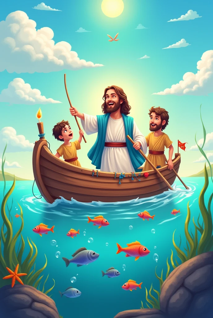 Make a cartoon art I want Jesus dressed as a lifeguard in the sea, with 2 children on a float.
Place turtles, fish and whale I want a white background Leave a space for a phrase
