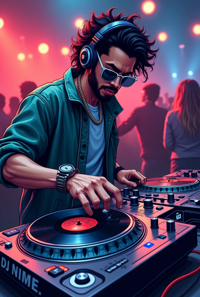 dj, heatphones, Techno, turntables, 50 year old man, comic Style, Legend, 3 Take Bart, short black hair,
