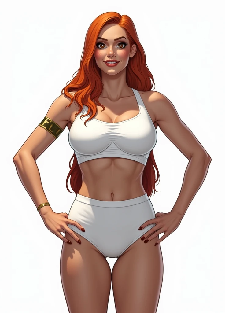 Lacy Lemon, pretty woman, ginger hair, midriff, white cloth hotapants,tank top, pelt over shoulders, short shorts,
green eyes,
white background, blank background,