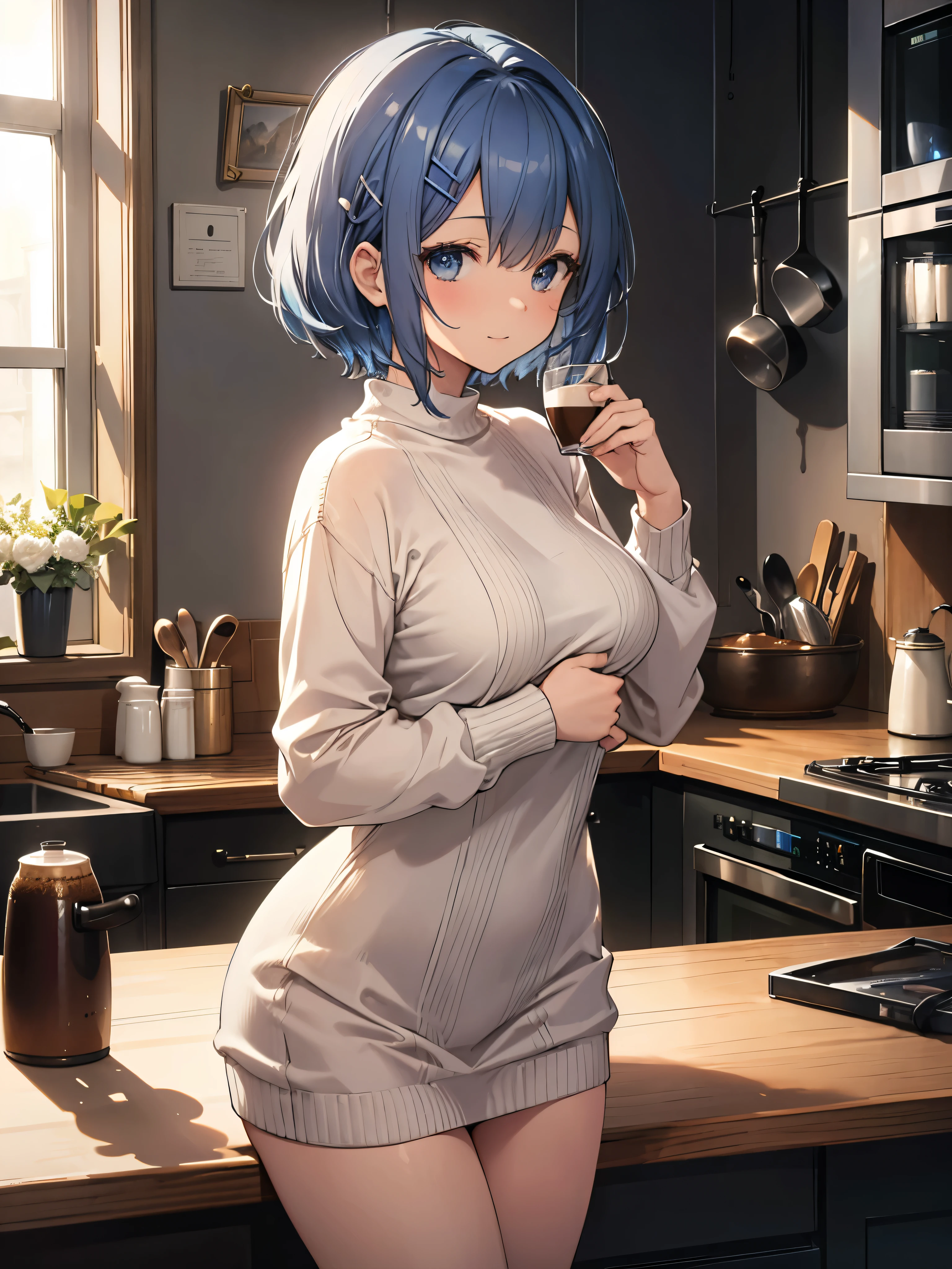 (dynamic angle:1.3, front view:1.1, breast focus:1.3, from below:1.2), (dynamic posing:1.5, sexy posing:1.3, leaning forward), (seductive smiling:1.3),masterpiece, 1girl, (pointed chest:1.3), cleavage:1.1,(double breasted:1.2,under bust:1.2), Amazing Cleavage:1.3, thin waist, big ass, Raised sexy, (small breast: 1.3),posed cleavage:1.2、solo, looking at viewer, open mouth, have a grass of beergrass,black hair, blue eyes, bare shoulders, jewelry, collarbone, sidelocks, hairband, earrings, indoors, (red off shoulder,long sweater dress:1.4), arms behind back, short hair with long locks, blue white hairband, big side hair, very long side hair is rendered in (masterpiece: 1.2, best quality), with (ultra high resolution) and an exquisite (depth of field). This masterpiece is not only visually stunning but also tells,A scene of cooking in the kitchen