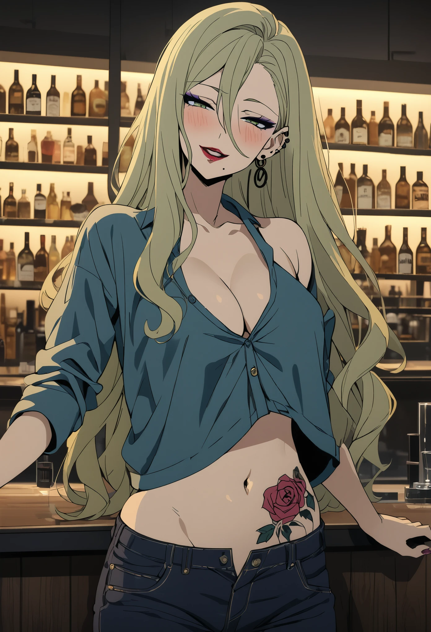 KJOsayo, long hair, blonde hair, green eyes, half-closed eyes, mole under mouth, purple eyeshadow, long hair, earrings, red lips, medium breasts, ear piercing, long hair, blush, lipstick,Hot girl, baddie, smoking, sensual, attractive ,bar background, inside bar,indoors, masterpiece,high quality,4k, bare shoulder,belly,crop top,holding
pistol,cleavage,casual dress, knot,
indoor,smile, open mouth, (nsfw) not safe for work, evil expression, exposed belly, exposed navel,
exposed midriff, exposed lower belly, crop top overhang, underboob,jacket, unbuttoned jeans , low
rise black jeans, Low rise jeans, Low rise jeans with open fly, tattoo belly, tattoo midriff, rose tattoo