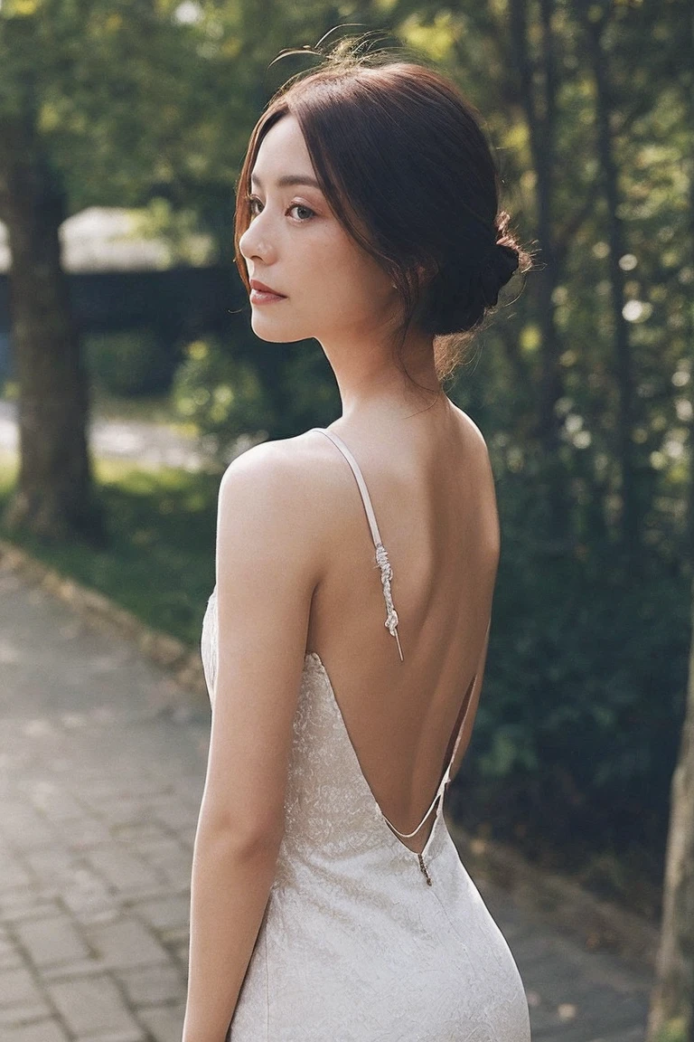 make me a 1 woman with pure white skin, open and tight clothes, with a pose with her back to the camera