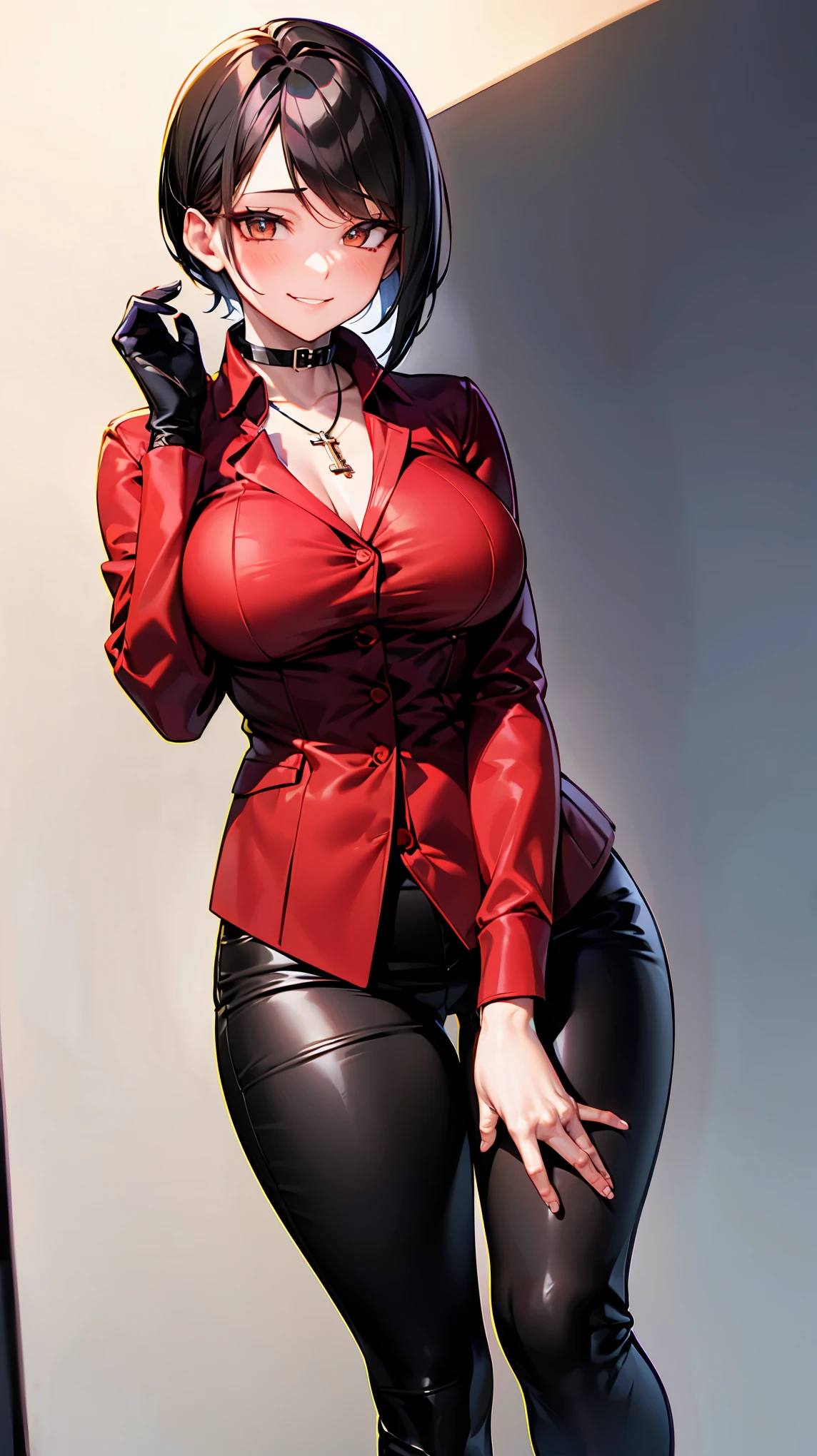 （（super high quality,））（（Ultra-high resolution,））（16k,）（super masterpiece,）（（Ultra HD ,））（Detailed shading,）One sexy adult woman,Straight black hair, very short,Side-swept bangs,Sharp Eyes,Brown Eyes,A provocative smile,A red shirt suit with the collar turned up and the third button undone,Cross Necklace,Folded sleeves,Tight black pants,Long black gloves and boots,