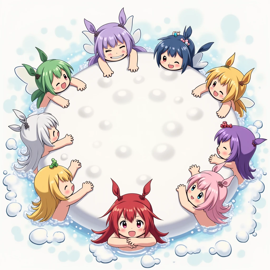 An anime-style illustration depicting many fairy-maids playfully wrestling with each other inside a comical fight cloud(bath cloud).
each maid has different  colored hair.
their faces,hands,and feet are visible emerging from the cloud as they tussle humorously,  with the rest of their bodies completely hidden inside the cloud.
the illustration emphasizes the humorous and energetic nature of their scuffle,with a fluffy  and exaggerated fight cloud.