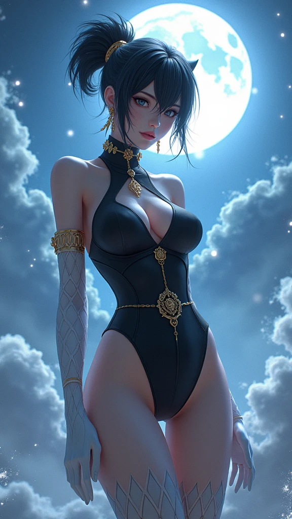 A Black woman, with shiny, bright eyes, large breasts, and a full derriere, is depicted in this masterpiece wearing transparent and flowing clothes. She is seen leaning against a pillar, her silhouette framed by the edge of a tranquil lake under the full glowing moon. The water shimmers with iridescent reflections, adding to the dreamlike atmosphere. The intricately detailed, atmospheric illumination accentuates the warm tones of her skin and the vibrant colors of her surroundings. This ethereal, high-resolution image is a testament to the skill of its creator. (Transparent clothes: 1.35), (Natural light source