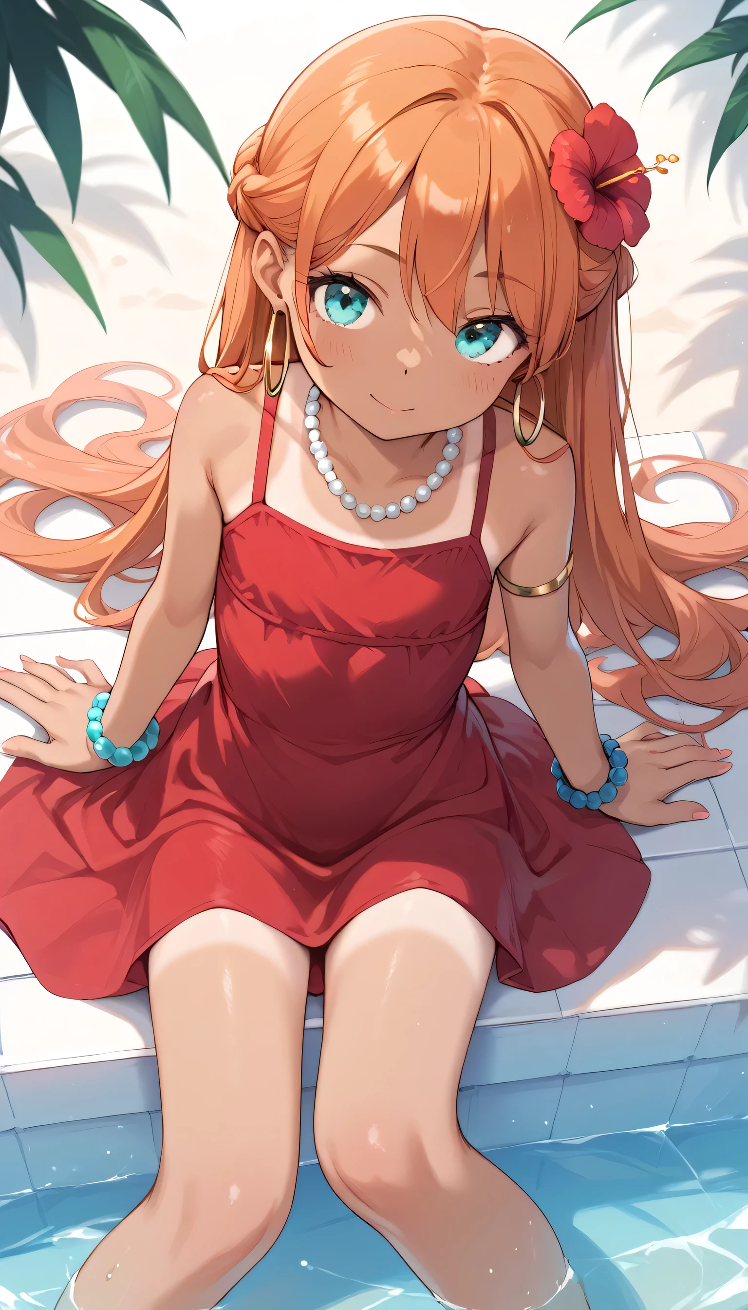 _girl,__, 1gi, solo, dark-skinned female, tanlines, Orange hair,long hair, hair flower, cute,_petite_,aqua eyes, sexy red dress, beads, hoop earrings, bracelet, cute, sexy, dynamic angle