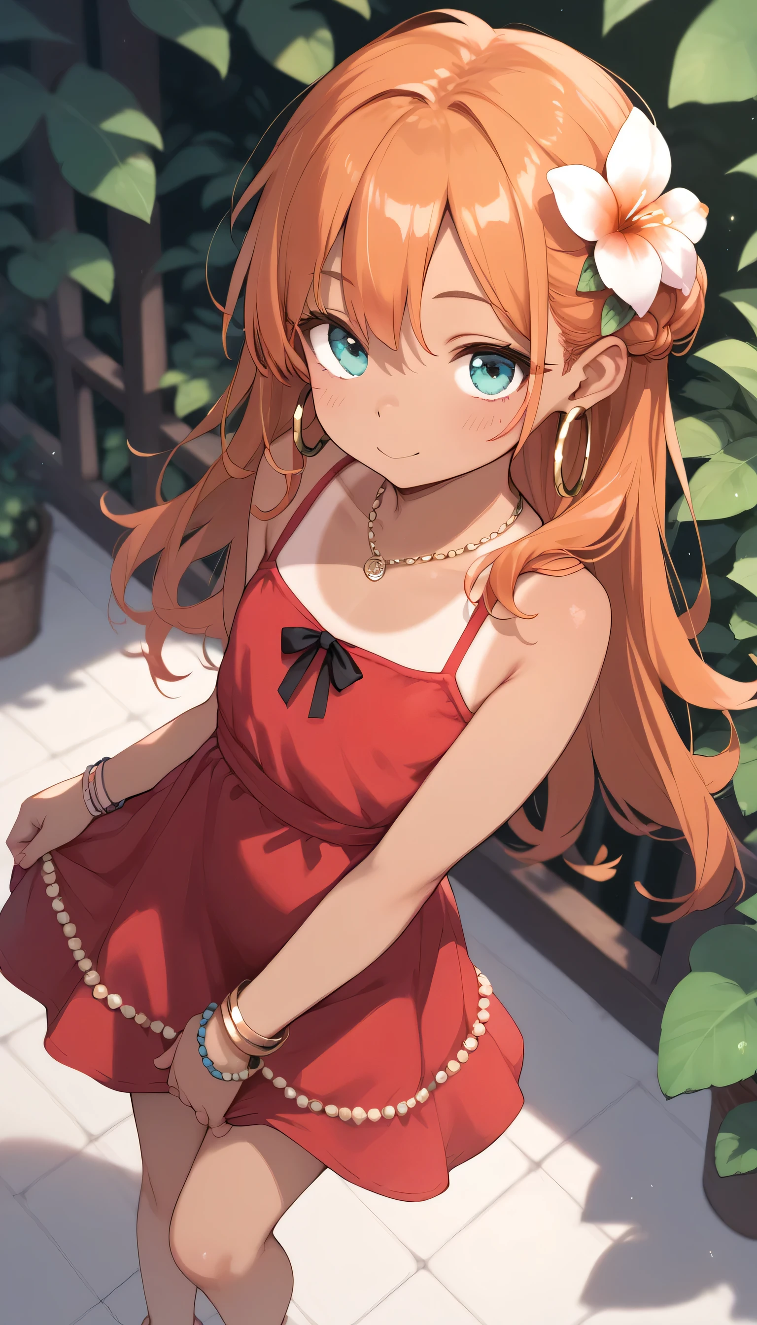 _girl,__, 1gi, solo, dark-skinned female, tanlines, Orange hair,long hair, hair flower, cute,_petite_,aqua eyes, sexy short dress, red dress, beads, hoop earrings, bracelet, cute, sexy, dynamic angle