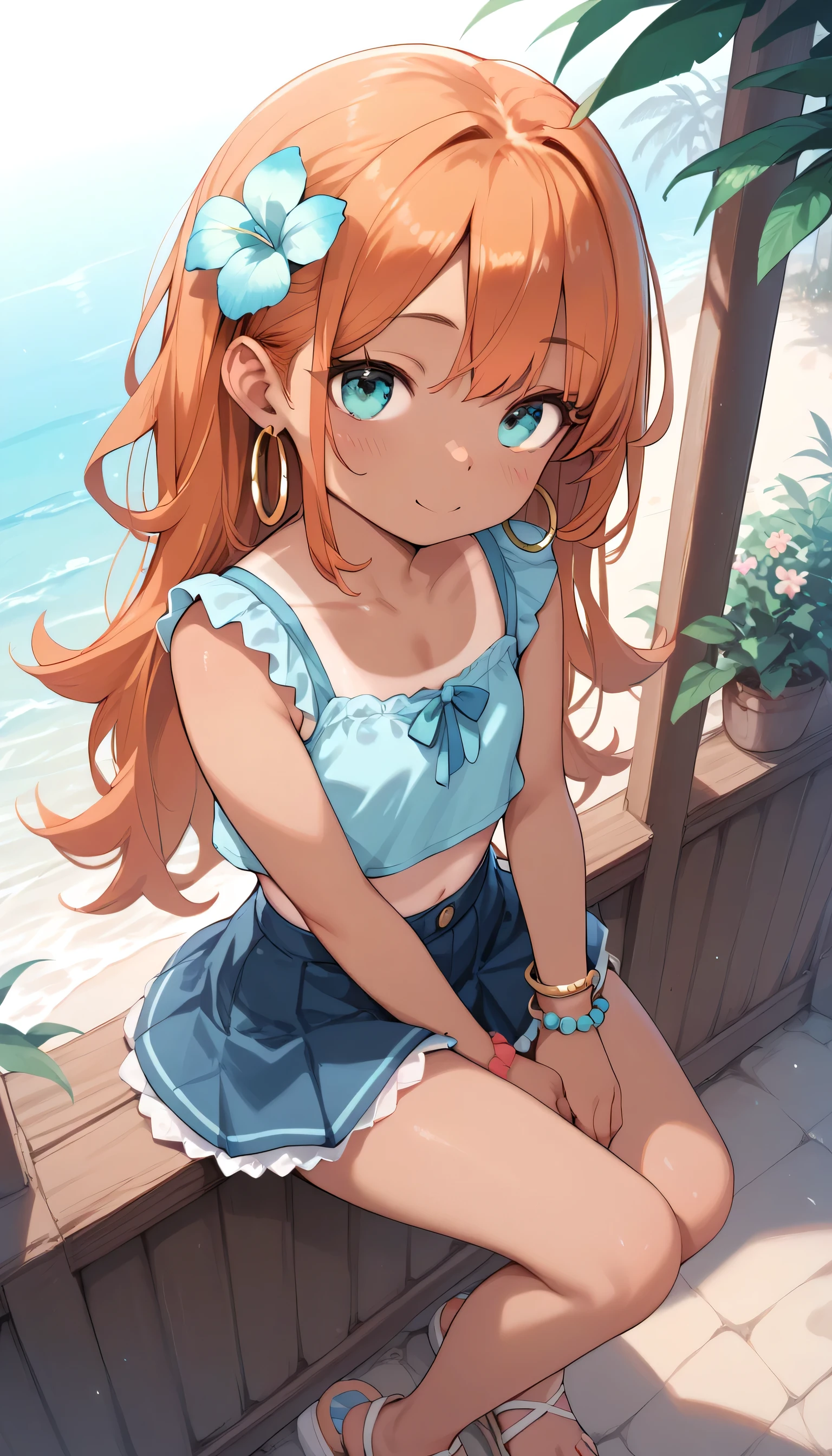 ******_****,_**li_, 1girl, solo, dark-skinned female, tanlines, Orange hair,long hair, hair flower, cute,_petite_,aqua eyes, short skirt, beads, hoop earrings, bracelet, cute, sexy, dynamic angle