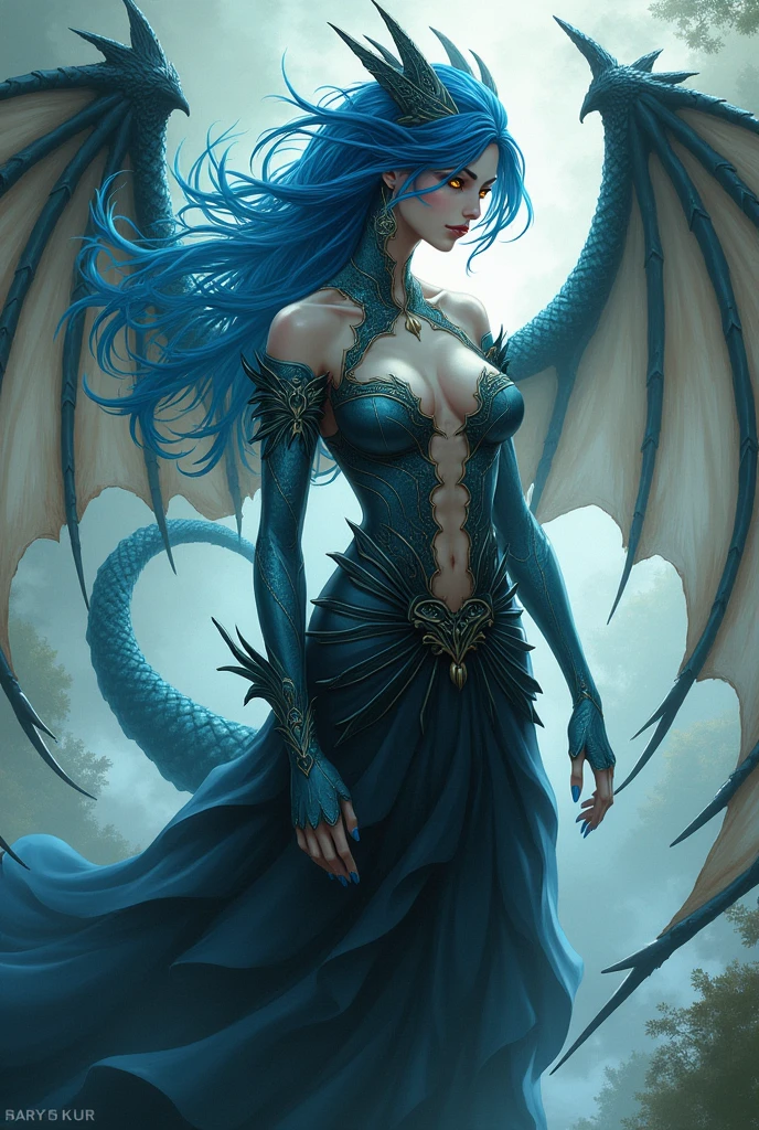 Japanese angel style: A woman with long blue hair and yellow eyes, has an arrogant look an expression of nobility, being half human and dragon has blue dragon wings and medieval clothing so sensual