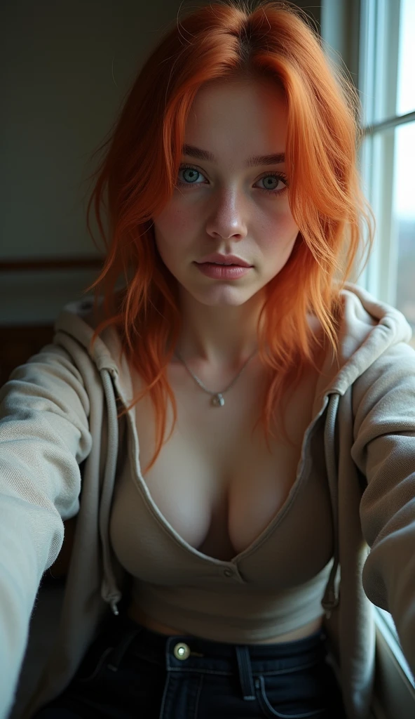 1 Irish woman, extremely beautiful and very legitimate redhead. Extremely slender, with freckles, big bright blue eyes, wearing green sweater falling down showing shoulders, symmetrical body, sensualizing, pouting with orgasmic expression, highly arousing, high quality 32k, UHD, hyper-realistic, cinematic, dynamic close-up above.