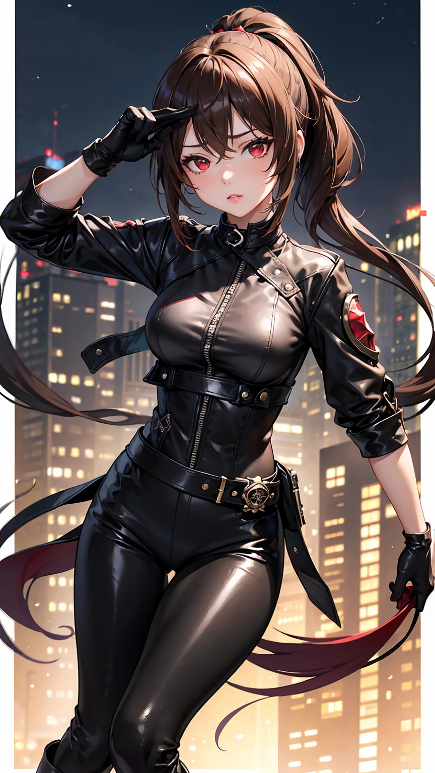 4K resolution,((Highest quality)),Ultra-high resolution,Adult women, alone, sexy, (Stern face), (Red eyes), Beautiful and symmetrical face, (Black irregular long hair), Black coat,Black suit pants,A mercenary woman,Realistic:1.4,Realistic:1.4,night,(masterpiece:1.2),Perfect Eyes,Perfect Eyes,Ample breasts,Holding a gun,In a dark warehouse,Curvy Body,Perfect Legs