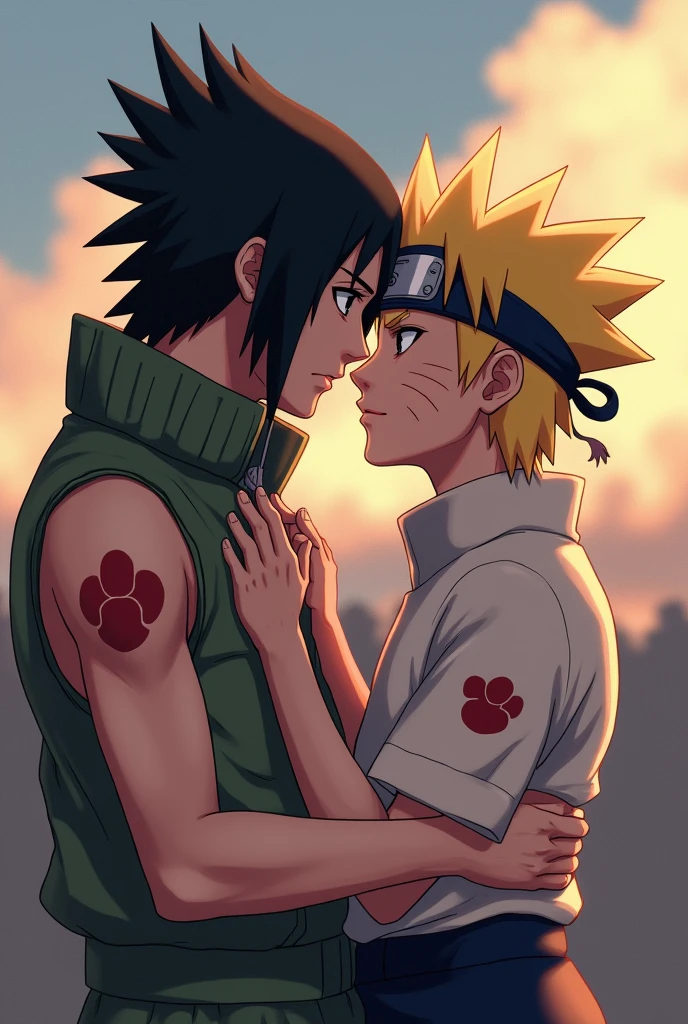 Naruto and Sasuke with their foreheads together and eyes closed looking in love with details of blood splatter and rose petals