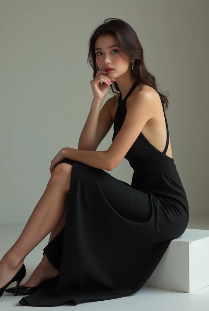 8k, Yunjin de lesserafim, vestido negro, grandes pechos, pallor