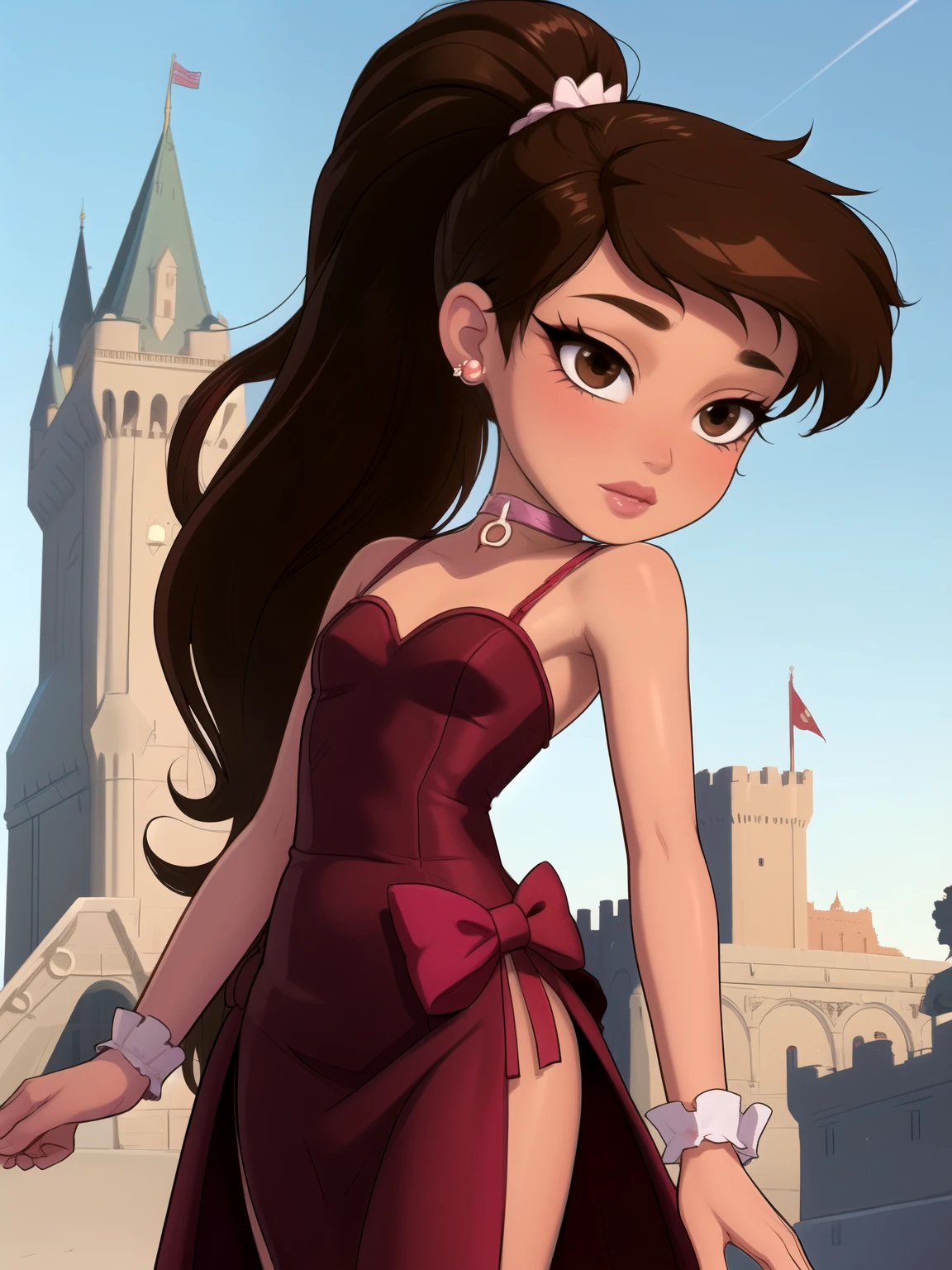 Princess Marco. brown eyes, brown hair, ponytail. small saggy breasts. slim body. choker. bow. princess dress. princess dress. castle
