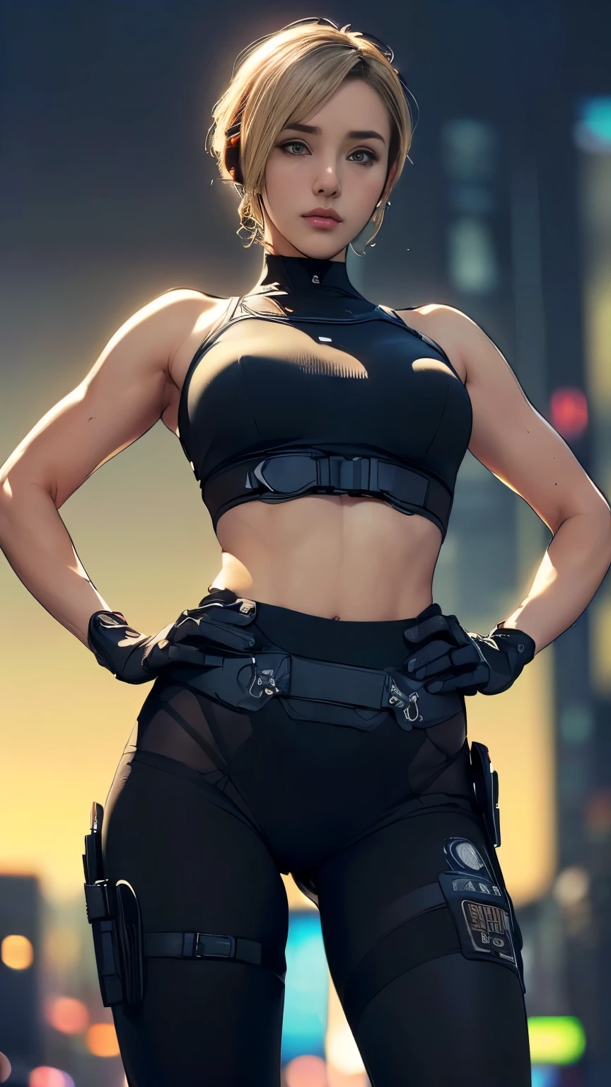 (A woman),(((Future female police officer standing))),((Black tactical tights:1.5)),((Camel toe:1.5)),((earphone:1.5)),((Tactical Holster:1.5)),(Gloves:1.5),(((Hands on Hips:1.5))),(front:1.5),(From below:1.2),(Super short hair:1.5),(bionde:1.5),(beautiful eyes:1.3),(Very detailedな顔:1.5),((Very detailed drawing of a female hand:1.5)),((muscular:1.5)),(Sexy look:1.5),((Thick thighs:1.5)),(Beautiful Body:1.5),((Very sensual:1.5)),(The backdrop is a futuristic city:1.5),(Cyberpunk atmosphere:1.5),(((Blurred Background:1.5))),(Written border depth:1.5),rest(((masterpiece:1.5),(best quality:1.5),(Very detailed:1.5),(high resolution:1.5),(Practical:1.5),(Practical:1.5),(Delicate depiction),(Carefully drawn))),8k,wallpaper