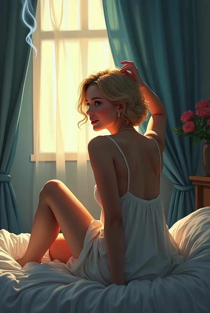 girl, transparent embroidered nightgown, blonde, in bed, eroticism, she masturbates, perfect ass, sex sex sex, caresses her pussy, erotism, large window, sunrise, large futuristic landscape, large library in the room, large amount of details (art inspired by Bill Sienkiewicz). oil painting)