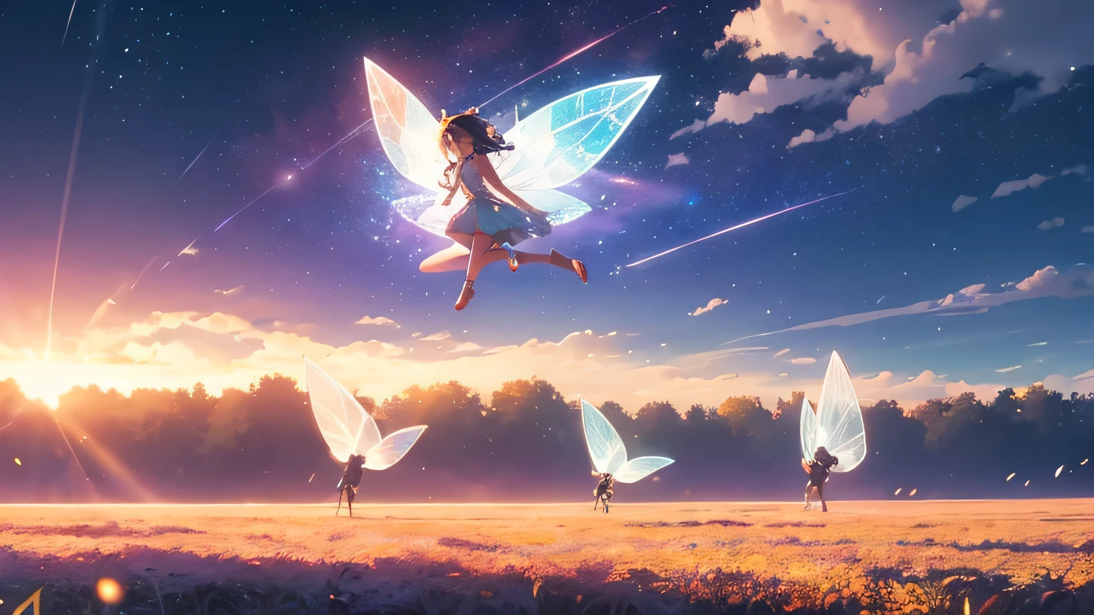 a stunningly beautiful 19yo girl, sexy fairy, butterfly wings on her back, petite frame, very flat chest tits, perfect pale skin, very long wavy green hair, skimpy  long flowy lo-rise skirt, white panties, petite ass, shiny tube top, underboob, shiny rings and necklaces, joyful expression, looking at camera, arms out wide, (flying through the air high above the clouds), (legs in air), colorful sparkles, rainbow fairy orbs, subtle rainbows, masterpiece digital illustration, HD, 4K, Dawn, warm lighting, sharp lines, clear definition, focused