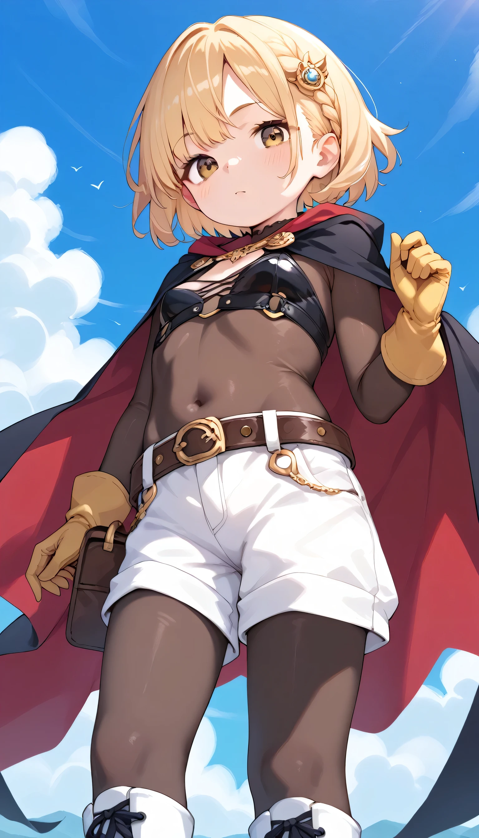 _girl,_loli_,girl, solo, blonde hair, short hair, brown eyes, hair ornament, small_breasts, crop top, long sleeves, (covered navel), (brown bodystocking), bodysuit, cape, yellow gloves, belt, white shorts, white boots, jewelry, dynamic angle,