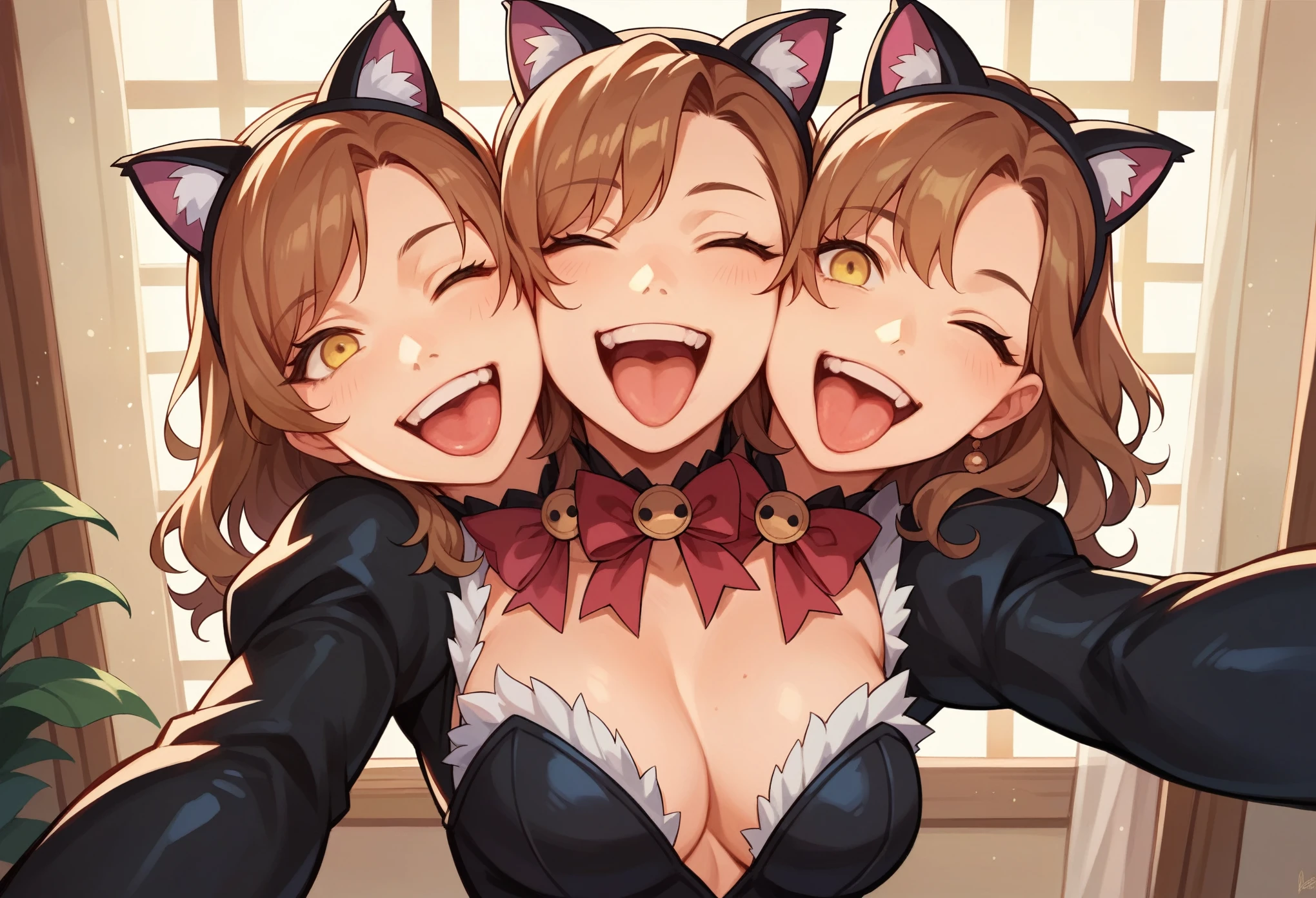 anime, (masterpiece, best quality), best resolution, three heads, 1girl, playful, brown hair, yellow eyes, different facial expressions, smiling, tongue out, one eye closed, one eye open, open mouth, black cat costume, indoor party venue, selfie