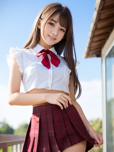 (8K, RAW Photos, Highest quality, masterpiece:1.2), (Realistic, photo-Realistic:1.4), (Highly detailed 8K wallpapers), ((Full Body Shot)), ((((((((1 girl)))))))), Sharp focus, Depth of written boundary, Cinematic lighting, Soft Light, 緻密な美しさのeye, eye_Chan, Very beautiful 20 year old girl, innocent big eyes, Realistic, photo Realistic, Highly detailed beautiful sexy girls, (Thin thighs), (Model Body Type), (((Sailor suits worn by Japanese high school girls))), ((Red checkered micro mini pleated skirt)), ((A happy smile)), Parted lips, Watching the audience, (Standing in the schoolyard) , ((Brown Hair)),((Wavy medium bob hair)), (Asymmetrical bangs)