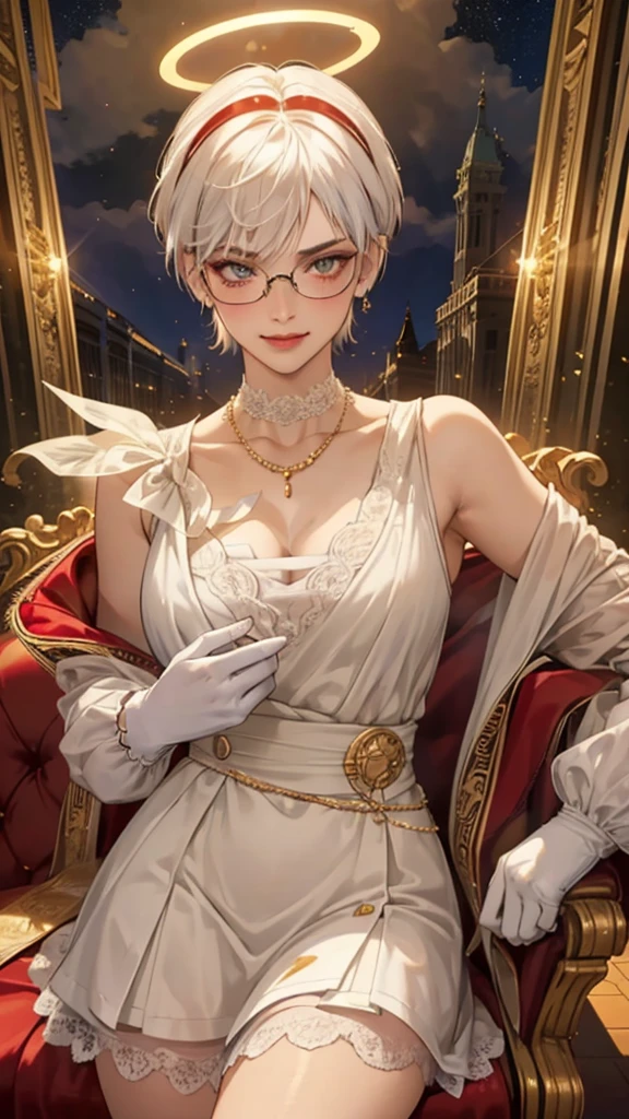 8k, masterpiece, best quality, highly detailed, 1 girl, tiefling, paladin, devil horns, pixie cut, multicolored hair, very short straight hair red highlight hair on white hair, strippled hair, wearing glasses, round glasses, earrings, red eyeshadow, long eyelashes, blushed cheek, red lips, pearl necklace, rings, collarbone, mole on face, glamorous, white and gold clothes, sleeveless, laced dress, miniskirt, smirk, close up view, rings, looking at viewer, solo, holding flintlock rifle, starry sky, radiant gold moon, standing, golden halo, white lace gloves, heavenly scene, halo, holy palace in background.