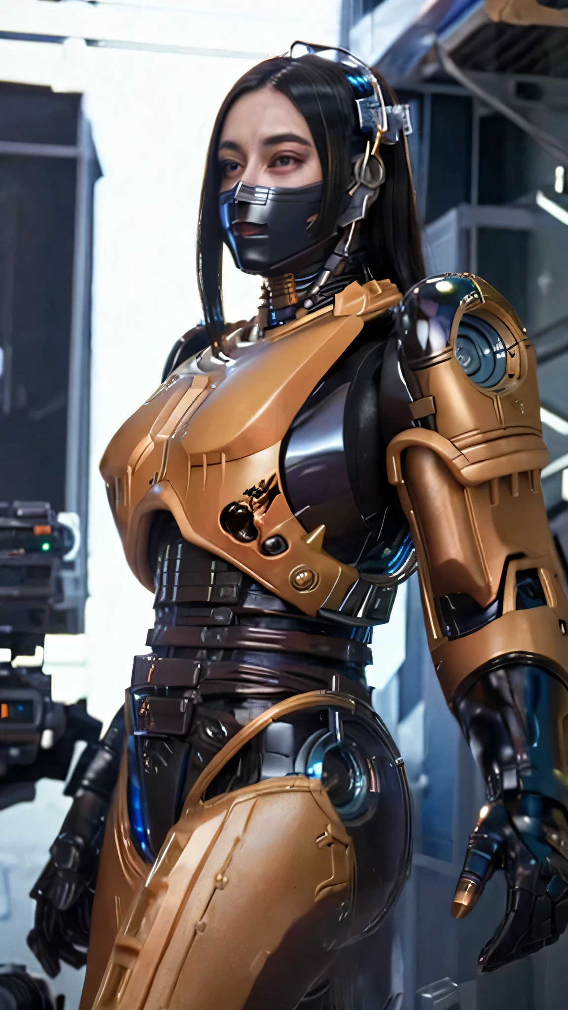 1girl, a beautiful girl cyborg cyberpunk with a cyberpunk city tall buildings, white hair, cybermask, white and orange and black machine suit color combination, the body full of machine, realistic futuristic hologram, asian skin tone, beautiful eye, beautiful asian face, cyber ear machine, suits is solid mecha, realistic machine, sci fi scape, manipulation is a masterpiece, long hair, masterpiece, suit of cyberpunk, realistic sci fi building texture mecha aestethic, digital cyberpunk, looming over a city, cyber technology, realistic hair, lots of hair, white of hair, realistic metal solid texture of building, realistic neon glow, realistic neon sign, wonderful side lighting, realistic futuristic cyberpunk building, realistic girl robot cyberpunk, fog, foogy, masterpiece of detail, RAW IMAGE, depth of field, point of interes, depth of field is masterpiece, best photography composition masterpiece, natural realistic hair, rule of third masterpiece photography, natural lighting, photography masterpiece natural lighting from side, realistic skin texture, strong reflection, ( pose pinterest) masterpiece beautiful, Devil Horns, smooth pixel, ray of light, soft light, small breasts, mastepiece of cyber mask, masterpiece fantasy gun, carry a fantasy weapon, weapon fantasy (artstation)