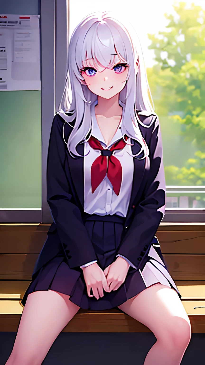 A girl with tired eyes and white hair with red tips is smiling sweetly in a classroom while sitting on a bench and wearing a school uniform. She has purple eyes and is Medium breasts