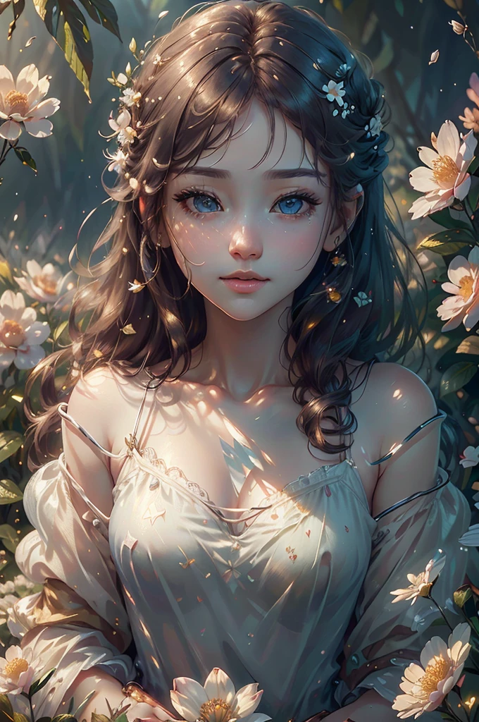 a beautiful young girl in a lush summer garden, delicate morning dew on the flowers, (best quality,8k,highres,masterpiece:1.2),ultra-detailed,(realistic,photorealistic,photo-realistic:1.37),illustration,intricate details, warm natural lighting,soft pastel colors,serene atmosphere,ethereal,whimsical,lovely girl,detailed facial features,long eyelashes,flowing hair,white dress,peaceful expression,magical realism