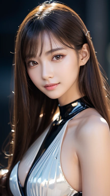 One girl、(RAW Photos), (Realistic), (masterpiece), (Highest quality), High resolution, 8K, (Intricate details), (Volumetric Light), Portraiture, woman, Age 35, Medium Hair, Straight hair, Medium Chest, Layered Hair, Brown Hair, Very beautiful eyes, Source order, Very thin eyebrows, Very fine skin, Very beautiful mouth, Very nice nose, Cute like an idol, smile, (Thick lips), (Looking at the audience), (See-through black collared dress shirt), Above the knee shot、Black background、Close-up of face