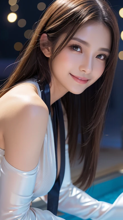 (Hatsune Miku character), Tosca hair color, Long two-tailed hair with ponies, Looking at the view, Eye of the landscape, Smile (Big smile), (Open mouth), Full body photo, 21 year old girl, Perfect body, Perfect anatomy, Tosca eye color, Double eyelids, Huge breasts, Highly detailed skin texture, (Realistic skin), Ultra-detailed face, Detailed lips, Detailed eyes, Double eyelids, Nack shoes, Wet skin, Wet hair, (((Simple background))), (Front focus), (In the dark:1.6), deep dark, Surrealistic Female Portraits by David Hockney and Alphonse Mucha, Fantasy art, photograph realistic, Dynamic pose, Popular model poses, Dynamic lighting, art stations, poster for, voluminetric lighting, Very detailed faces, 4 k'', In the dark, deepshadow, low tune, Cowboy shot, (White dress color), Illuminated dress, Erotic lace dress, Suspender stockings, Extremely detailed, liquid milk