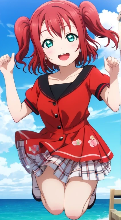 (Chibi), *********, Ruby kurosawa, aqua eyes, medium hair, red hair, two side up, twintails, 1girl, jumping, winking, looking at the viewer, happy open mouth, background : sea, sunshine )