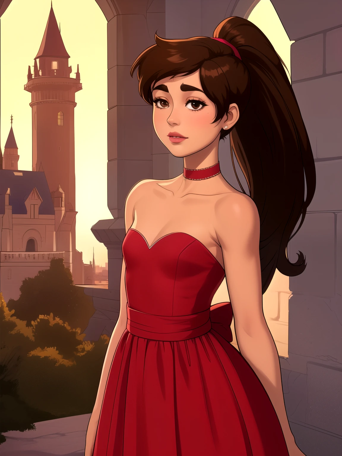 Princess Marco. brown eyes, brown hair, ponytail. small saggy breasts. slim body. choker. bow. princess dress. princess dress. castle
