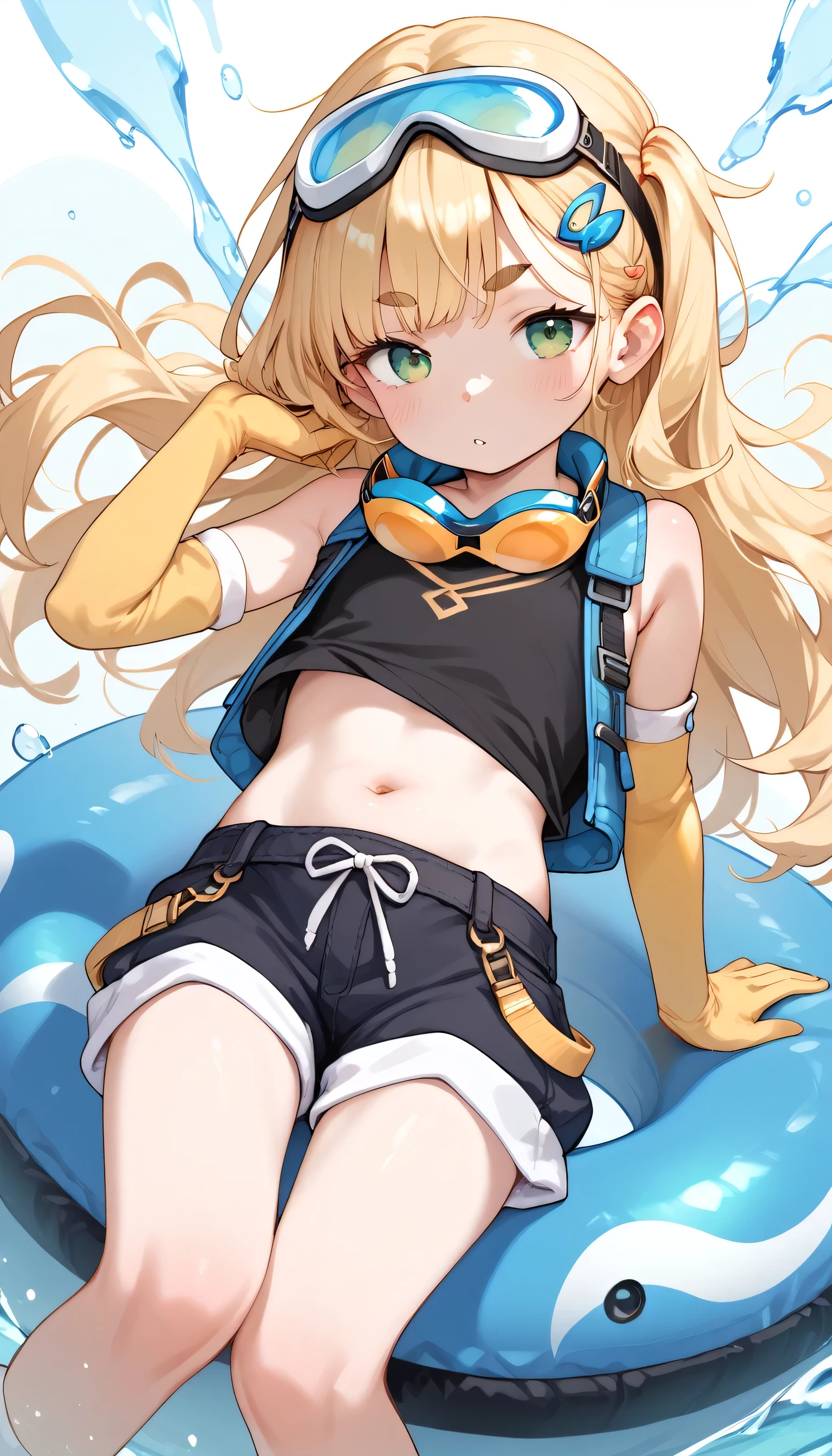 little_girl,_****_, 1girl, solo, Zero_paipai,green eyes,thick eyebrows,short eyebrows,black vest,bare shoulders,white elbow gloves,goggles around neck,long hair,blonde hair,yellow gloves,hair ornament,bangs pinned back,navel,bangs,midriff, legs