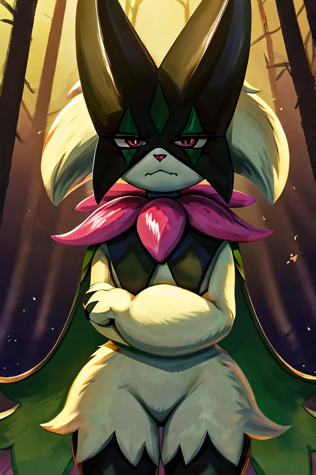 Masterpiece, Medium full shot Portrait, The best quality, the highest picture quality, Detailed, Meowscarada, Pokémon, short snout, detailed eyes,female, solo, arms crossed, narrowed eyes
, angry expression, dark forest background