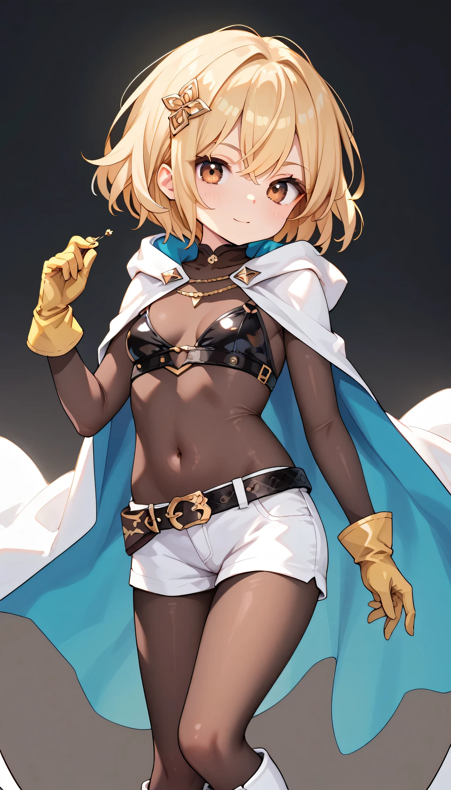 little_girl,_loli_, 1girl, solo, blonde hair, short hair, brown eyes, hair ornament, small_breasts, crop top, long sleeves, (covered navel), (brown bodystocking), bodysuit, cape, yellow gloves, belt, white shorts, white boots, jewelry, sexy hips, slim waist