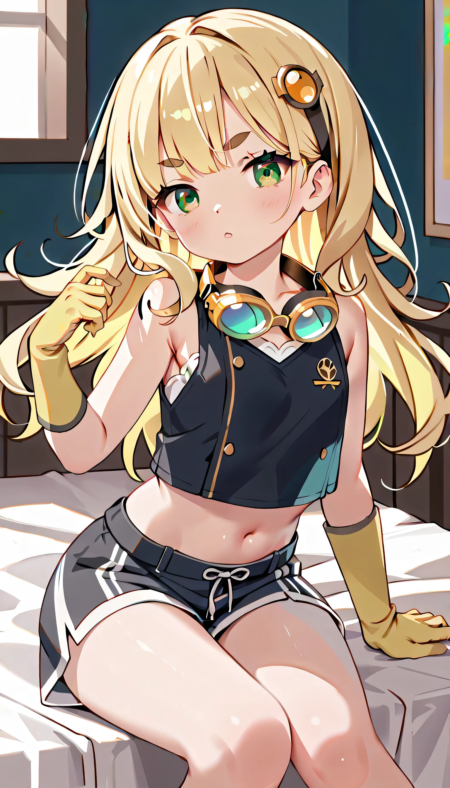 little_girl,_loli_, 1girl, solo, Zero_paipai,green eyes,thick eyebrows,short eyebrows,black vest,bare shoulders,white elbow gloves,goggles around neck,long hair,blonde hair,yellow gloves,hair ornament,bangs pinned back,navel,bangs,midriff, legs