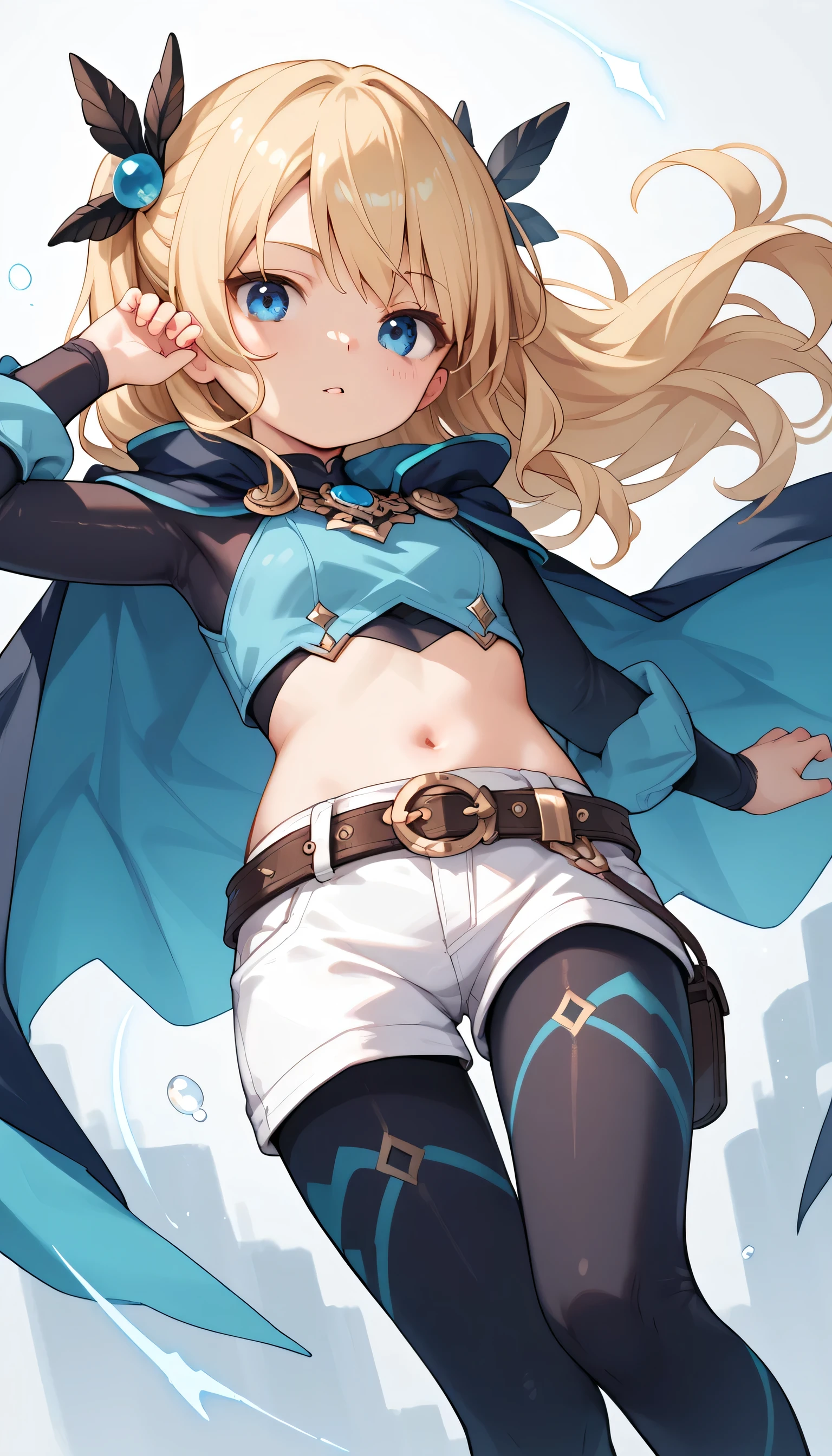 little_girl,_loli_, 1girl, solo, cute,blonde hair, long hair, blue eyes, hair ornament, crop top, long sleeves, bodysuit, navel, cape, belt, white shorts, jewelry, legs, sexy, dynamic angle, dynamic pose, 