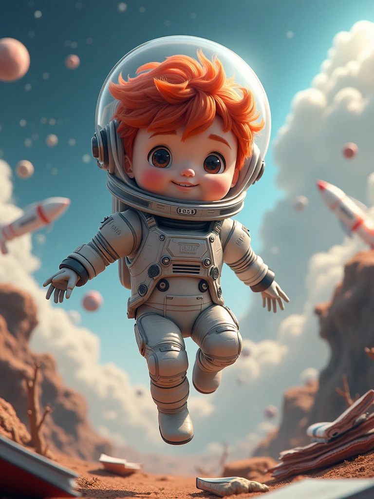 A boy are running in moon with astronaut's jacket