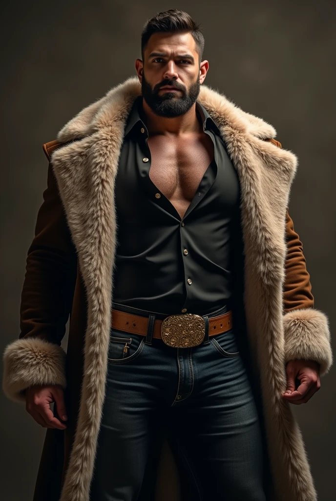 An illustrated movie poster, hand-drawn, full color, a Westerosi man, 28 years-old, wearing a suede coat, resembles Gavin Leatherwood, sun-tanned skin, chubby face, stocky physique, deep brown eyes, wide bulbous nose, black hair, curly hair, thick bushy eyebrows, extremely hairy chest, stomach, and arms, lots of body hair, posing on a pedestal, hard shadows, graphite shading, stencil markings, airbrushed acrylic paint, masterpiece, in the style of Game of Thrones