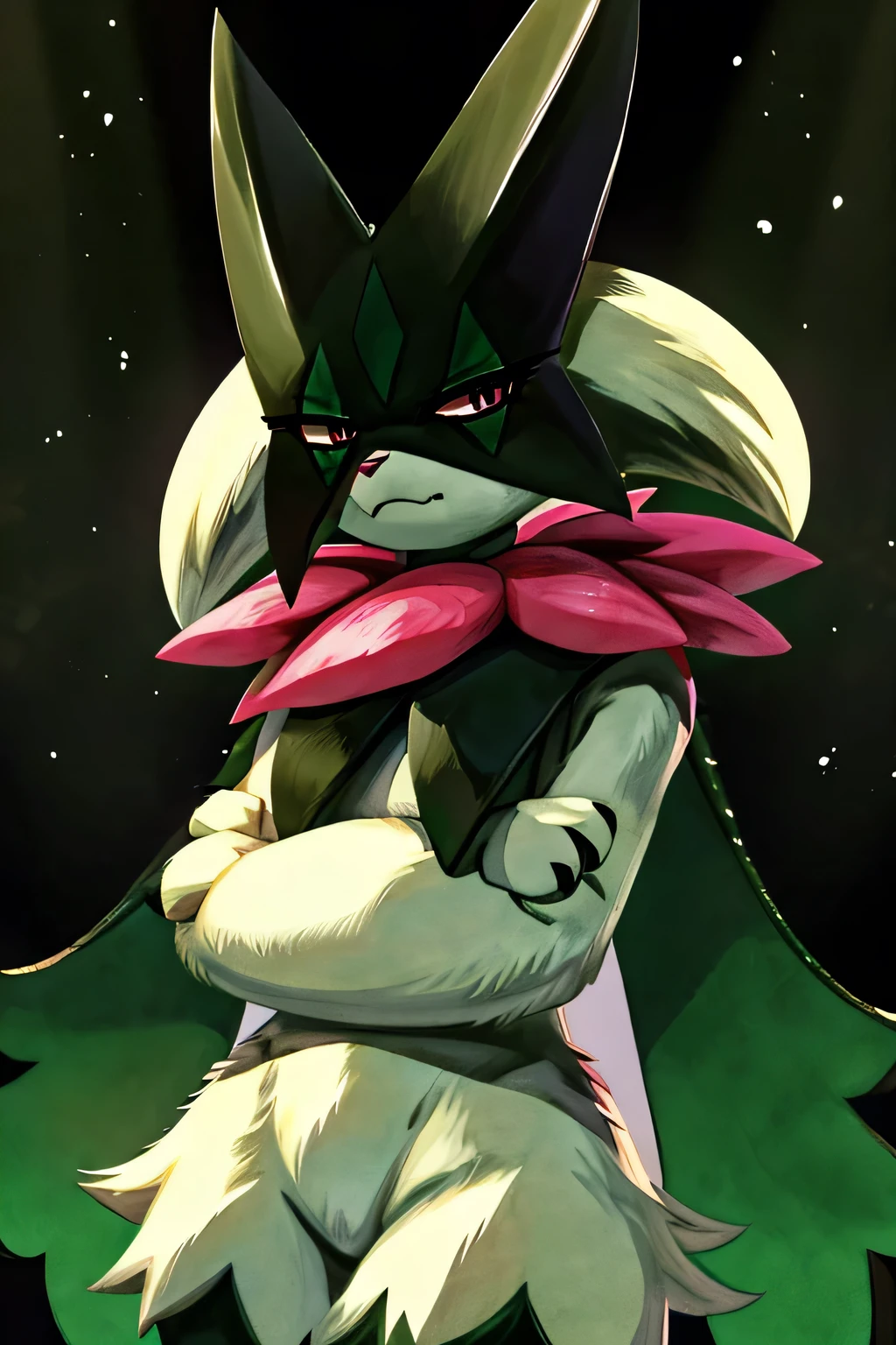 Masterpiece, Medium full shot Portrait, The best quality, the highest picture quality, Detailed, Meowscarada, Pokémon, short snout, detailed eyes,female, solo, arms crossed, narrowed eyes
, angry expression, dark forest background