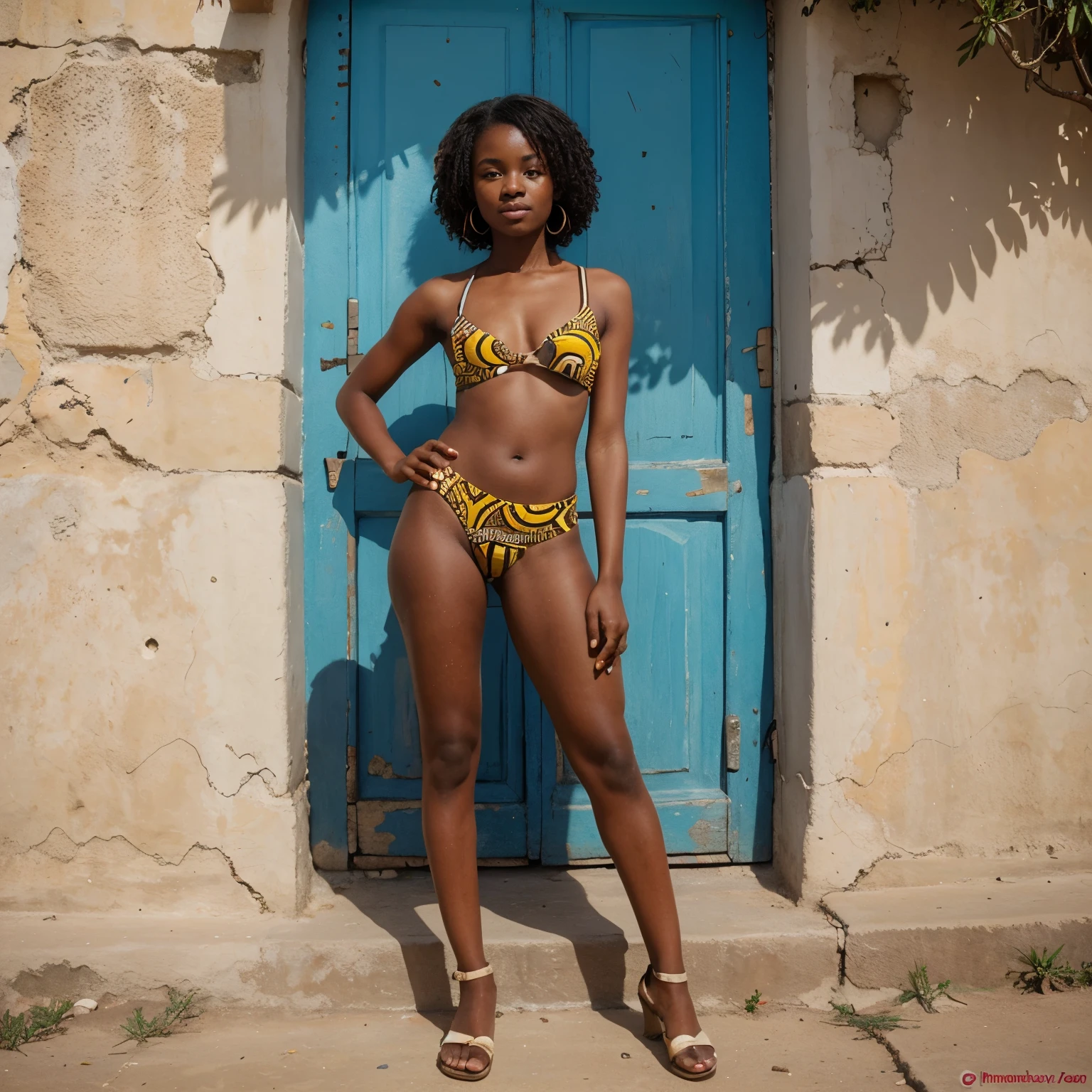 Young black woman wearing makeup with a loincloth top showing the shot, plus un turban en pagne et des colliers style africain.