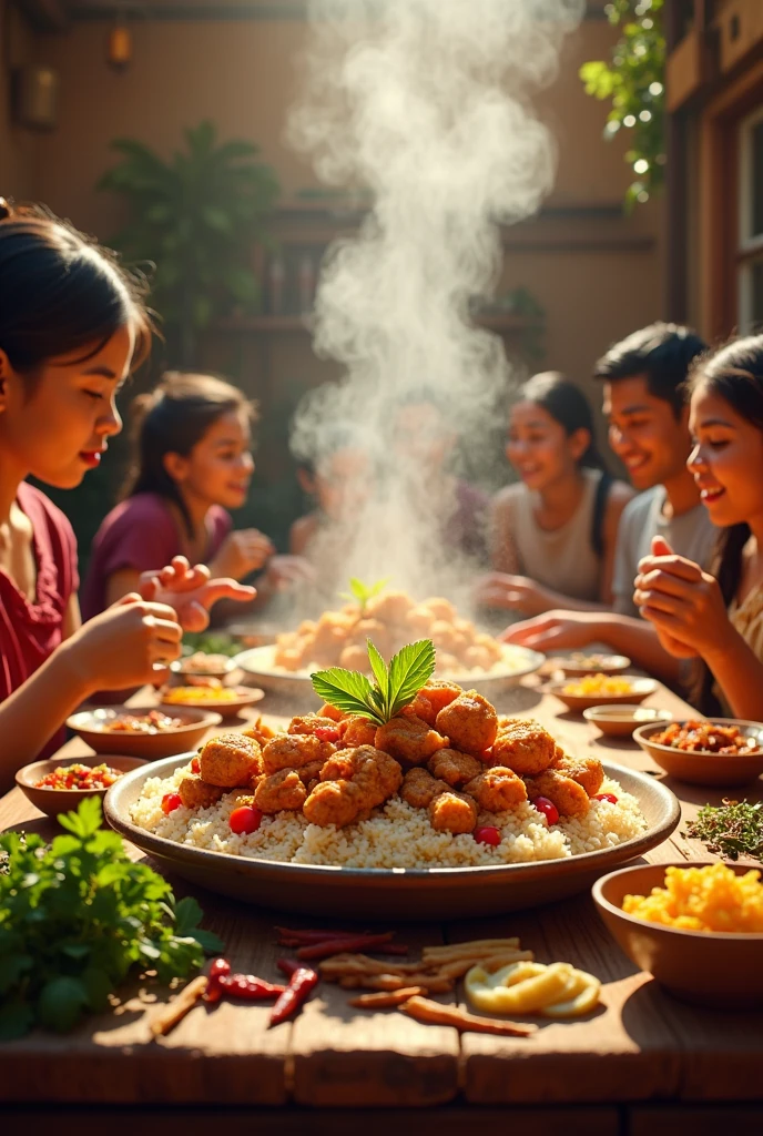 (photorealism:1.2), Thumbnails for you tube context is food vlog we making jhal murhi with friends in home made trcks and while we make jhalmuri we are doing jokes and all friends were sitting on ground of mud house wearing little old tshirt and shorts are 5 friends in room and one hot russian aunty teaching us