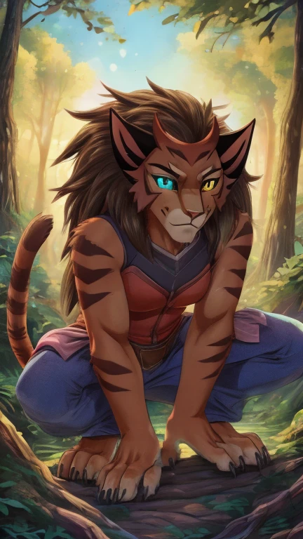 (1girl, cat, catra), (extremely detailed CG unit 8k wallpaper),(master part), (best quality), (ultra detail), (best illustration),(Tsukasa Hojo style), cowboy shot, Paw pose, show Paws show claws, (Sharp eyeliner, ombre, detailed eyes:1), forest, digital art, break , upper body, crouching, Sharp claws, heterochromia,colored sclera,sleeveless,bare shoulders,