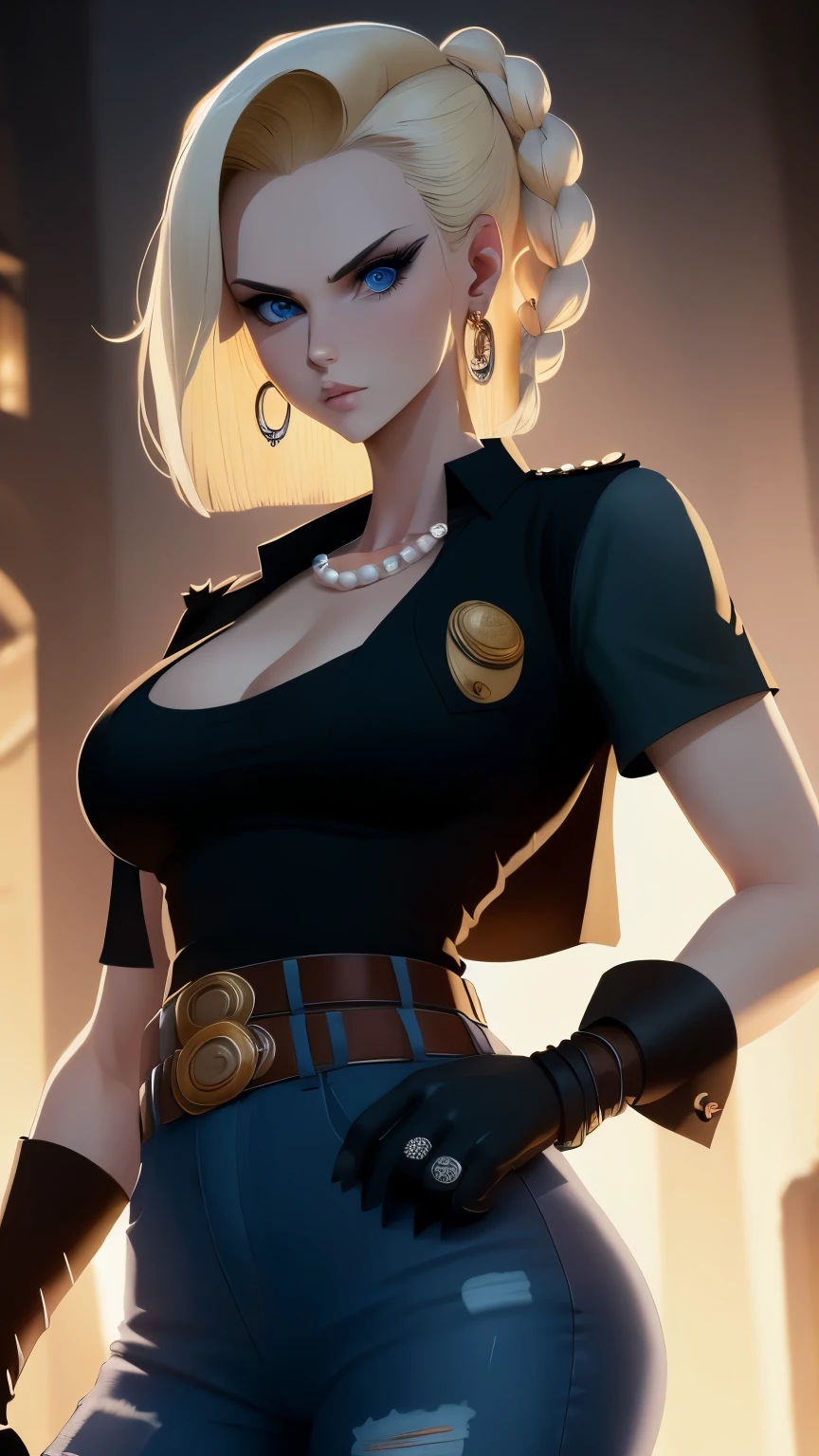 best quality, highres, and18, 1girl, android 18, solo, blonde hair, blue eyes, belt, blue jeans, pearl necklace, bracelets, black gloves, white shirt, short hair, short sleeves, earrings, blue pants, open vest, black vest, large breasts, cowboy shot, city port, straight-on, meadow landscape, torn pants,